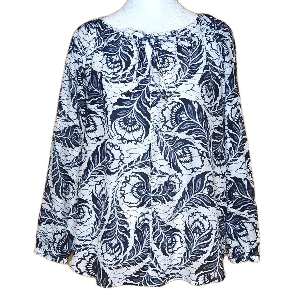 Loft Silk Blend Feather Printed Peasant Blouse Top Small Navy White Coastal Boho